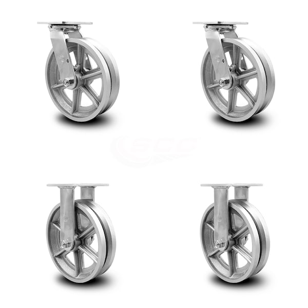 8 Inch V Groove Semi Steel Caster Set with Roller Bearings 2 Swivel 2 Rigid SCC